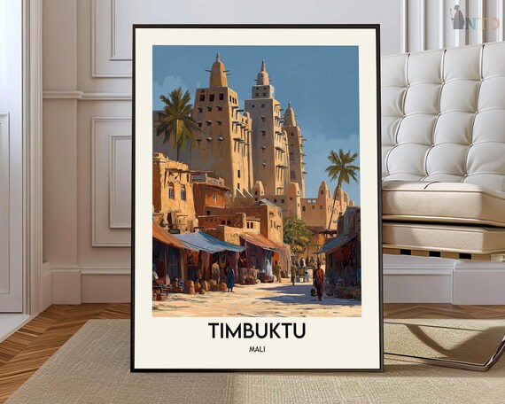 Timbuktu Mali Mosque Towers Market Day Vintage Travel Poster