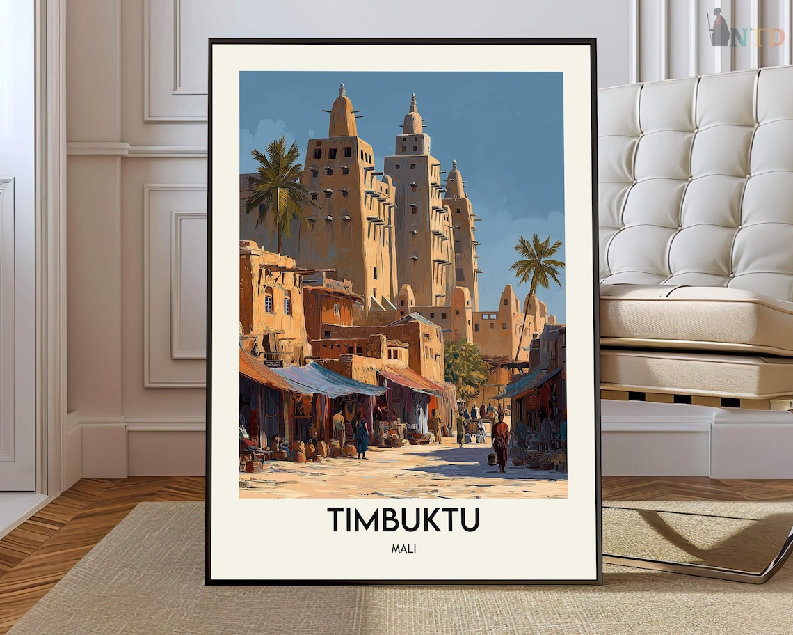 Timbuktu Mali Mosque Towers Market Day Vintage Travel Poster