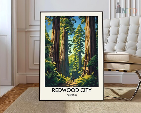 Redwood City California Giant Redwood Forest Vintage Style Travel Poster