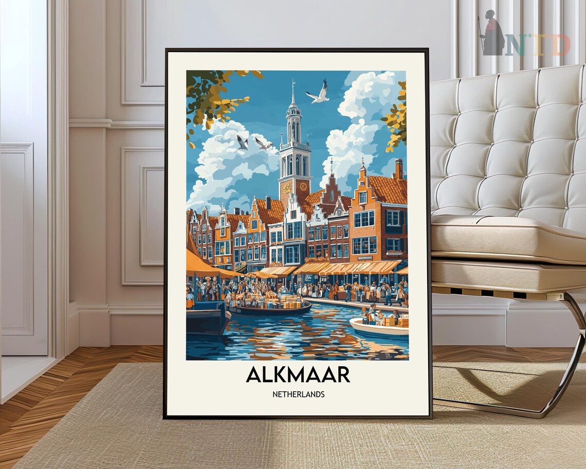 Alkmaar Netherlands Cheese Market Canal Scene Travel Art Poster