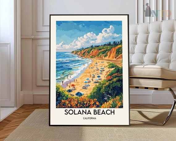 Solana Beach California Sunny Surf Beach and Cliffs Travel Poster
