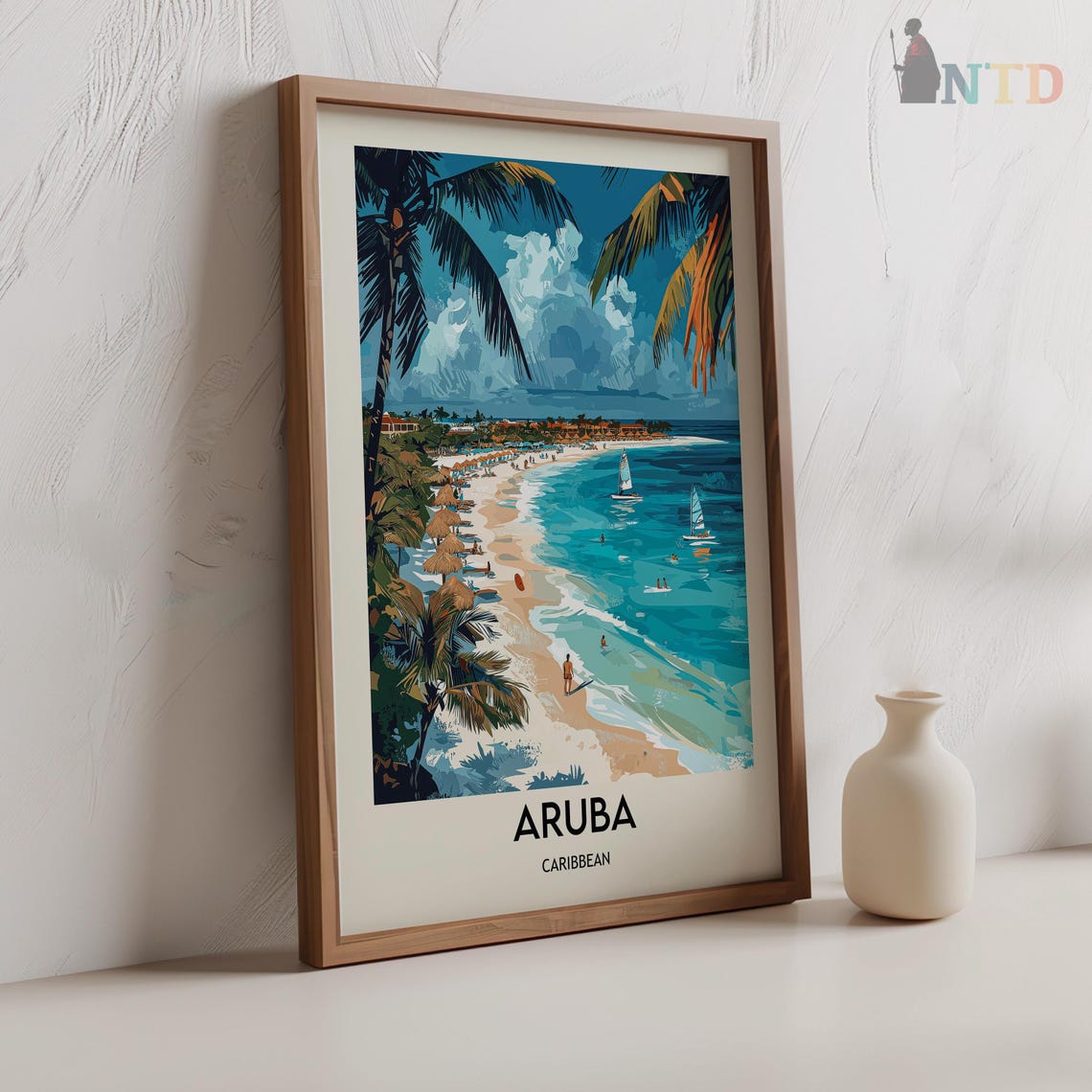 Aruba Caribbean Beach Sailboats and Beach Huts Tropical Travel Poster - Image 2