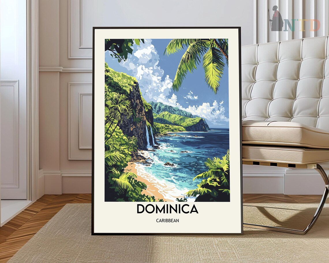 Dominica Caribbean Poster Lush Tropical Coast Waterfall Beach Art