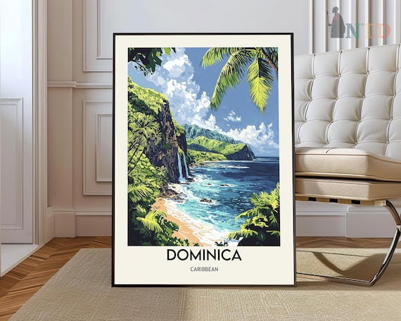 Dominica Caribbean Poster Lush Tropical Coast Waterfall Beach Art