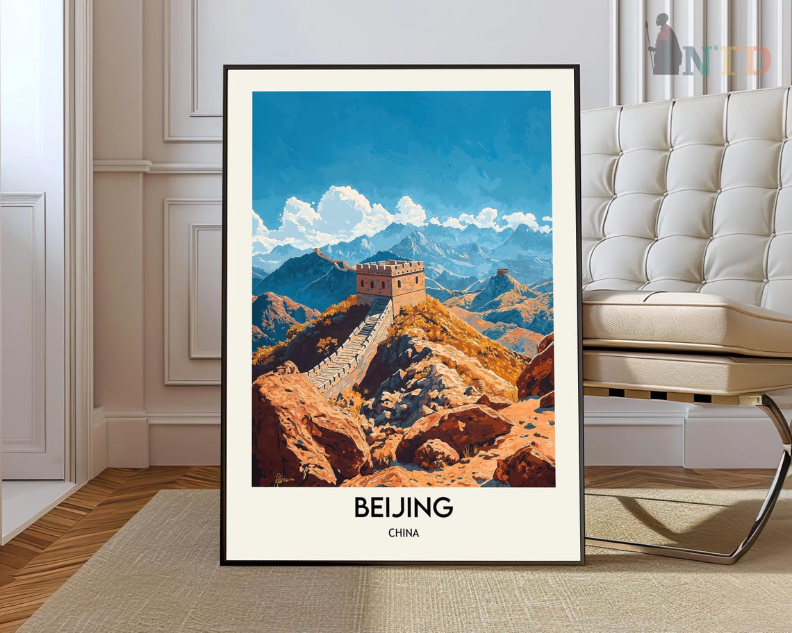 Beijing China Great Wall Watchtower Mountains Vintage Travel Poster