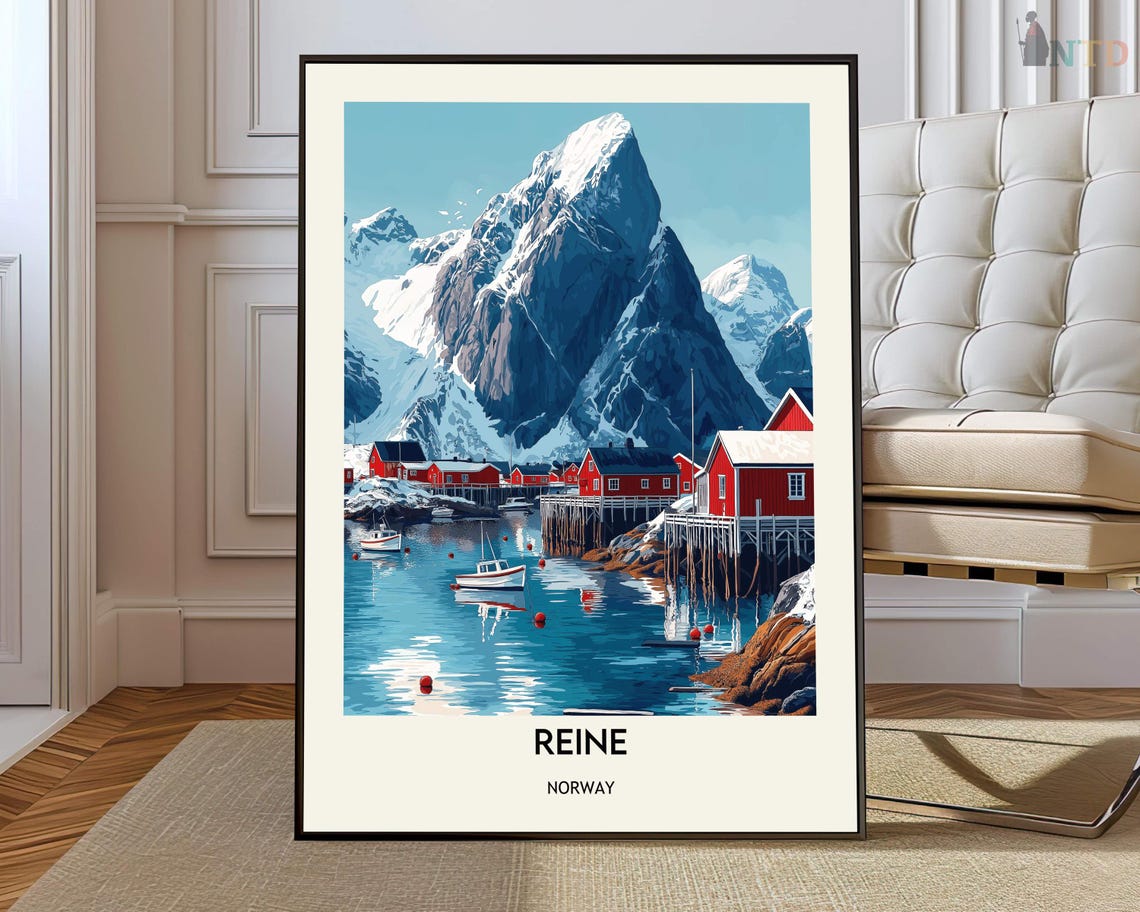 Reine Lofoten Norway Travel Poster Red Cabins Snowy Mountain