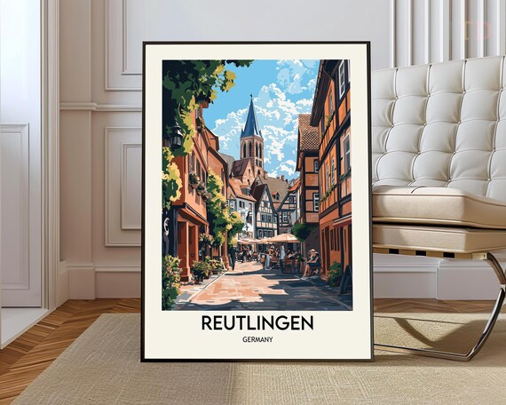 Reutlingen Germany Old Town Church Street Vintage Travel Poster