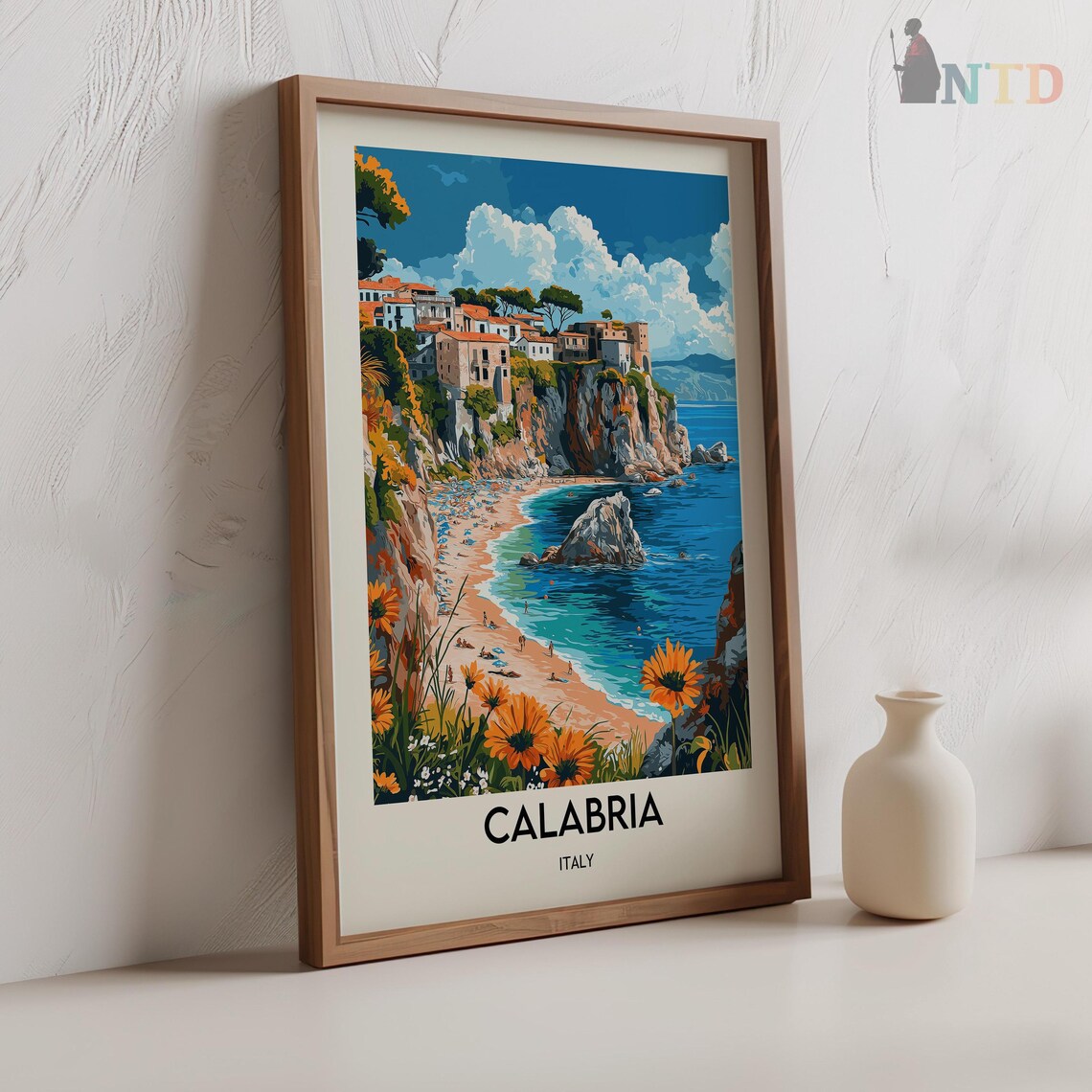 Calabria Italy Cliffside Town Beach Cove Sunflowers Travel Poster - Image 3