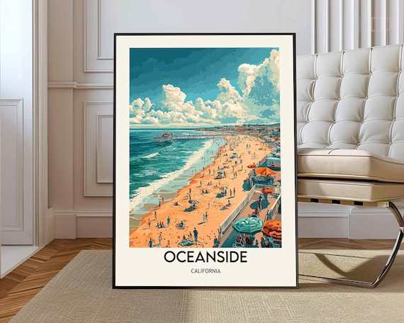 Oceanside California Pier Beach Crowd Summer Vintage Travel Poster