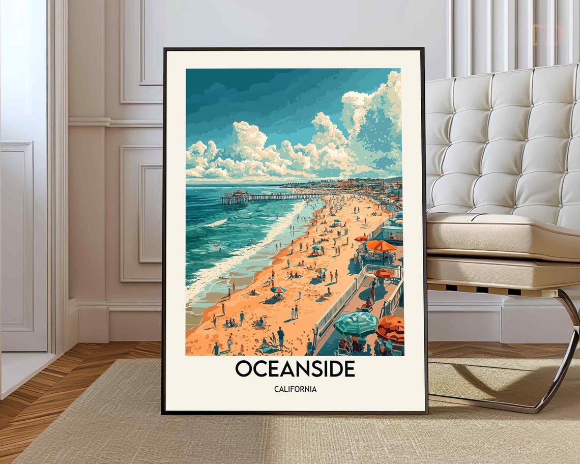 Oceanside California Pier Beach Crowd Summer Vintage Travel Poster
