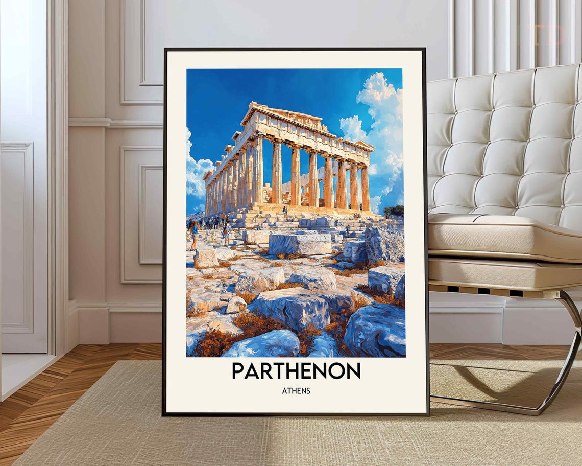 Parthenon Athens Ancient Temple Illustrated Acropolis Travel Poster