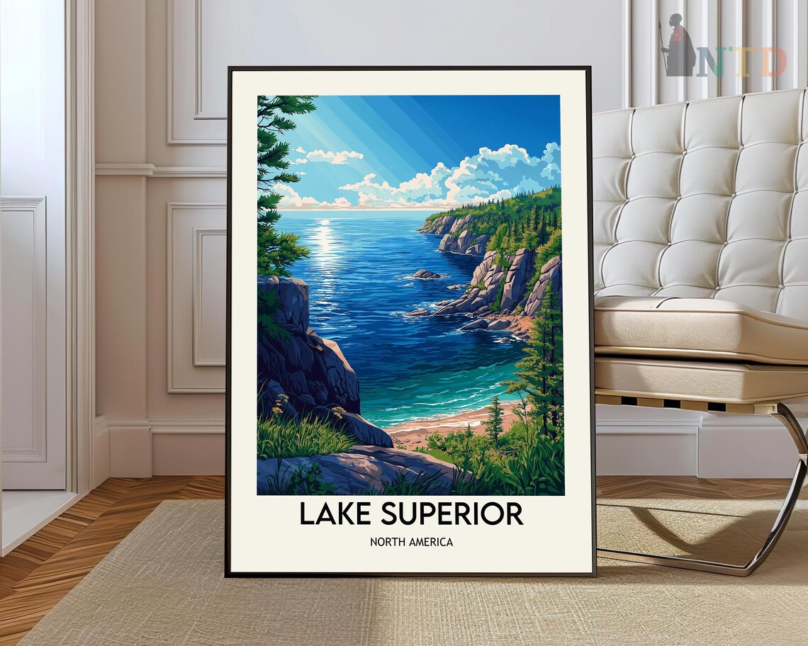 Lake Superior Rocky Shoreline Pine Forest Illustration Travel Poster