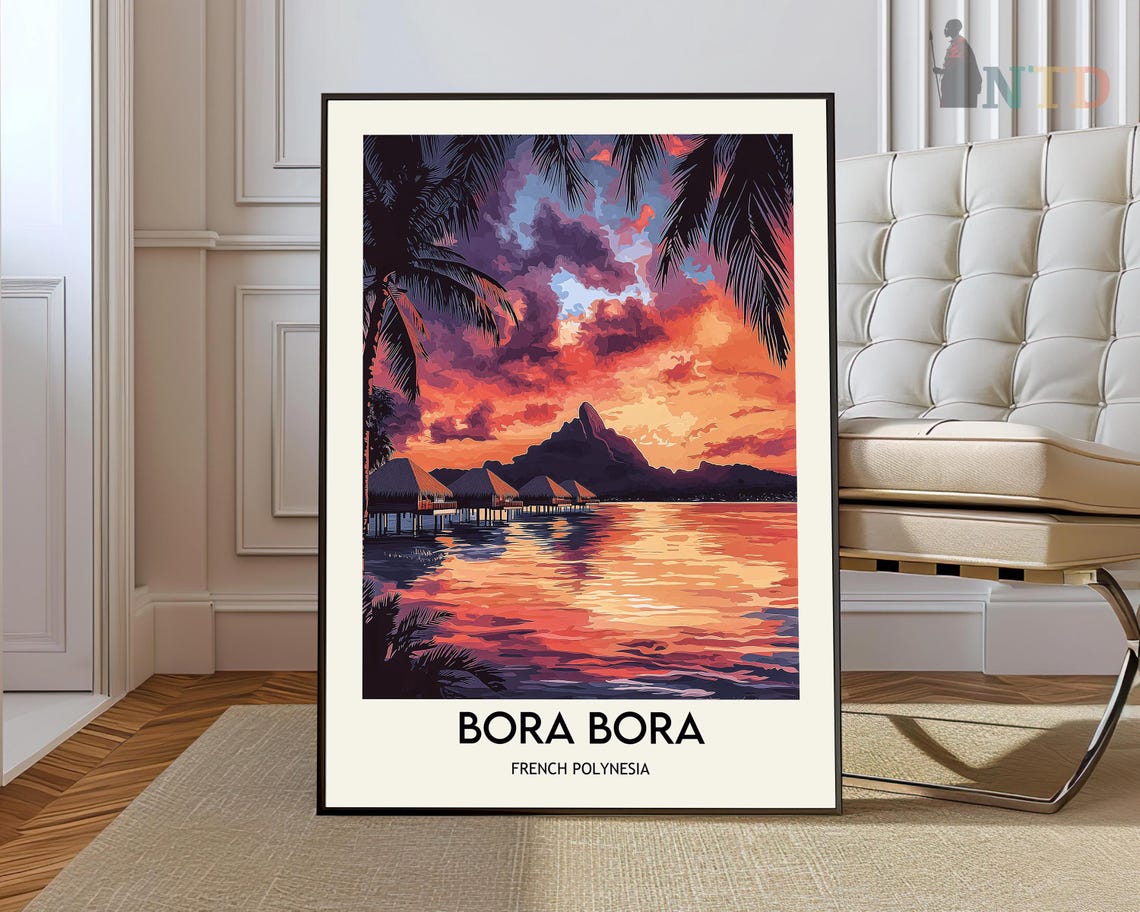Bora Bora French Polynesia Purple Dusk Palm Framed Lagoon Poster