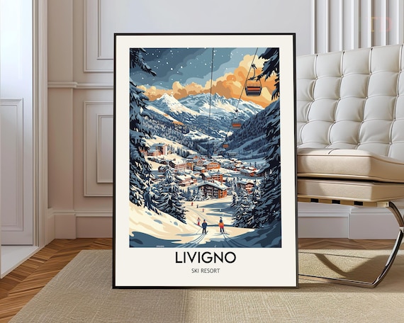 Livigno Ski Resort Vintage Poster Alpine Village Nightfall Glow
