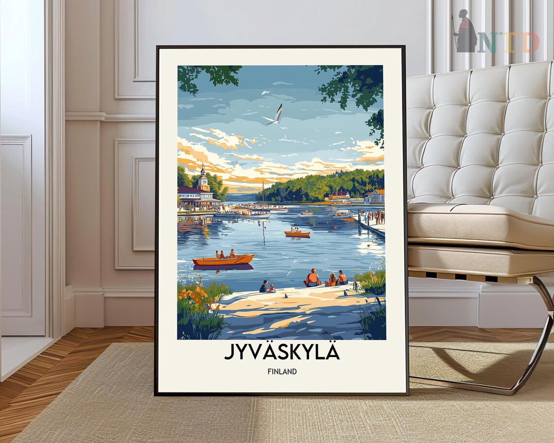 Jyvaskyla Finland Summer Lakeside Sunset Boats Travel Poster