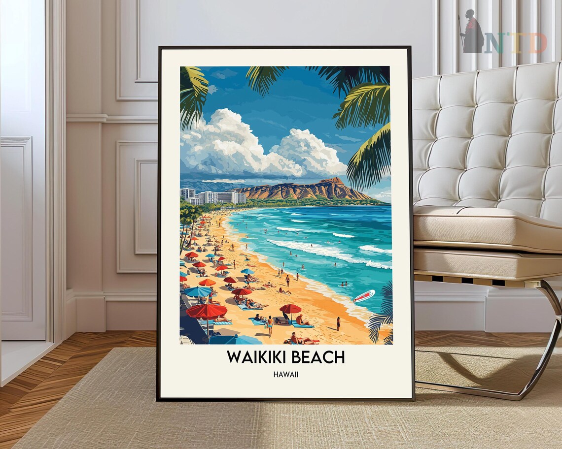 Waikiki Beach Hawaii Surfer Shoreline Turquoise Surf Travel Poster