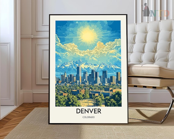 Denver Colorado Skyline Snowy Rocky Mountains Vintage Travel Poster