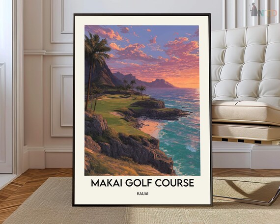 Makai Golf Course Kauai Palm Fairway Romantic Sunset Travel Poster