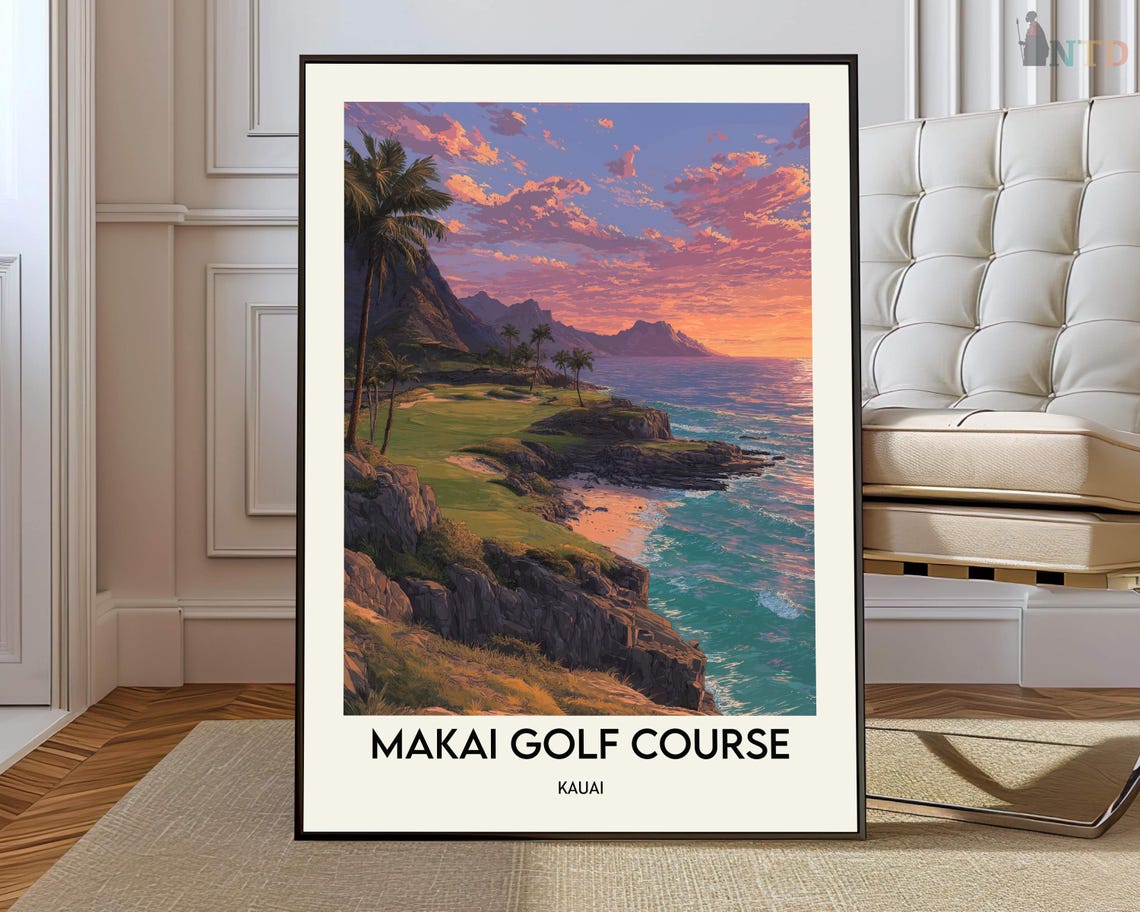 Makai Golf Course Kauai Palm Fairway Romantic Sunset Travel Poster