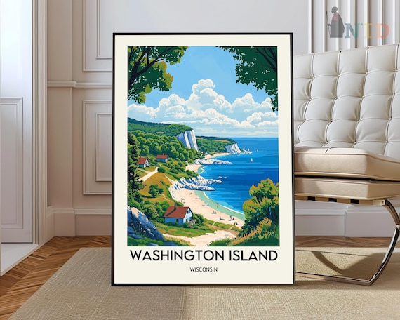 Washington Island Wisconsin Vintage Travel Poster Lake Shore Cliffs Art