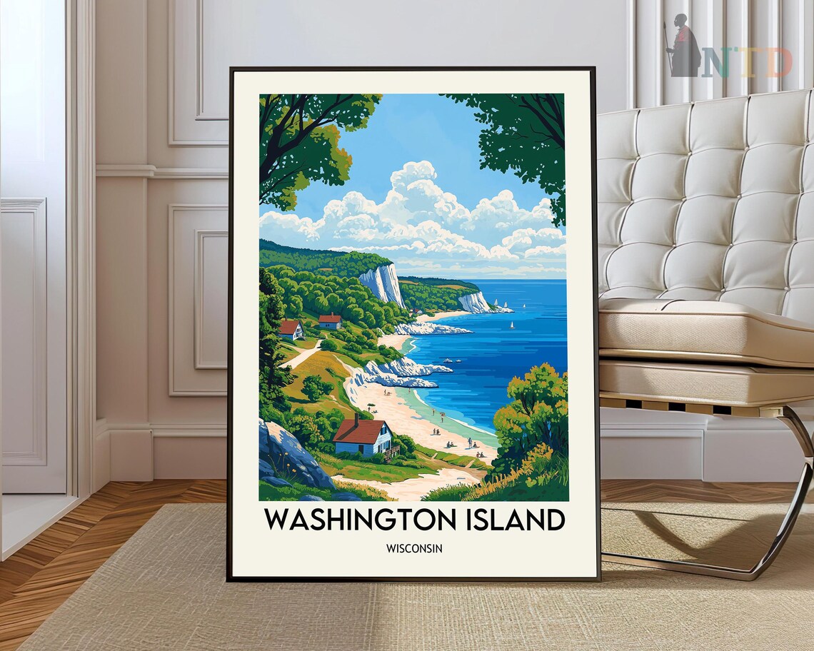 Washington Island Wisconsin Vintage Travel Poster Lake Shore Cliffs Art