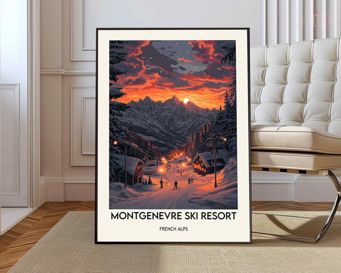 Montgenevre Ski Resort Sunset French Alps Vintage Travel Poster