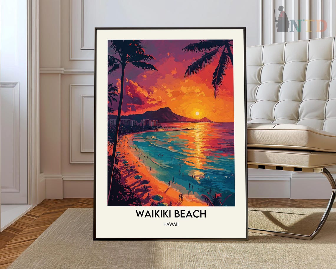 Waikiki Beach Hawaii Fiery Sunset Over Palm Trees Travel Poster