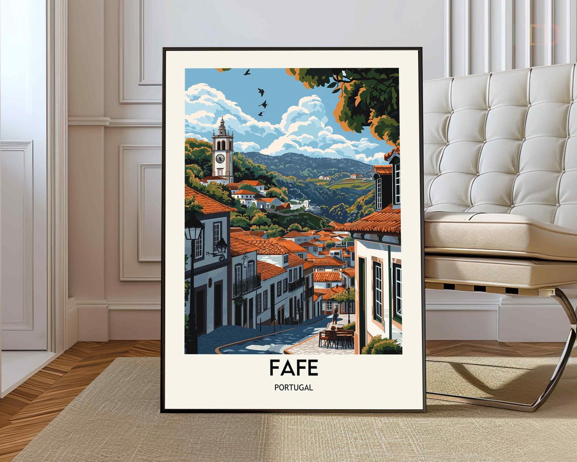 Fafe Portugal Clock Tower Hillside Vintage Town Retro Travel Poster