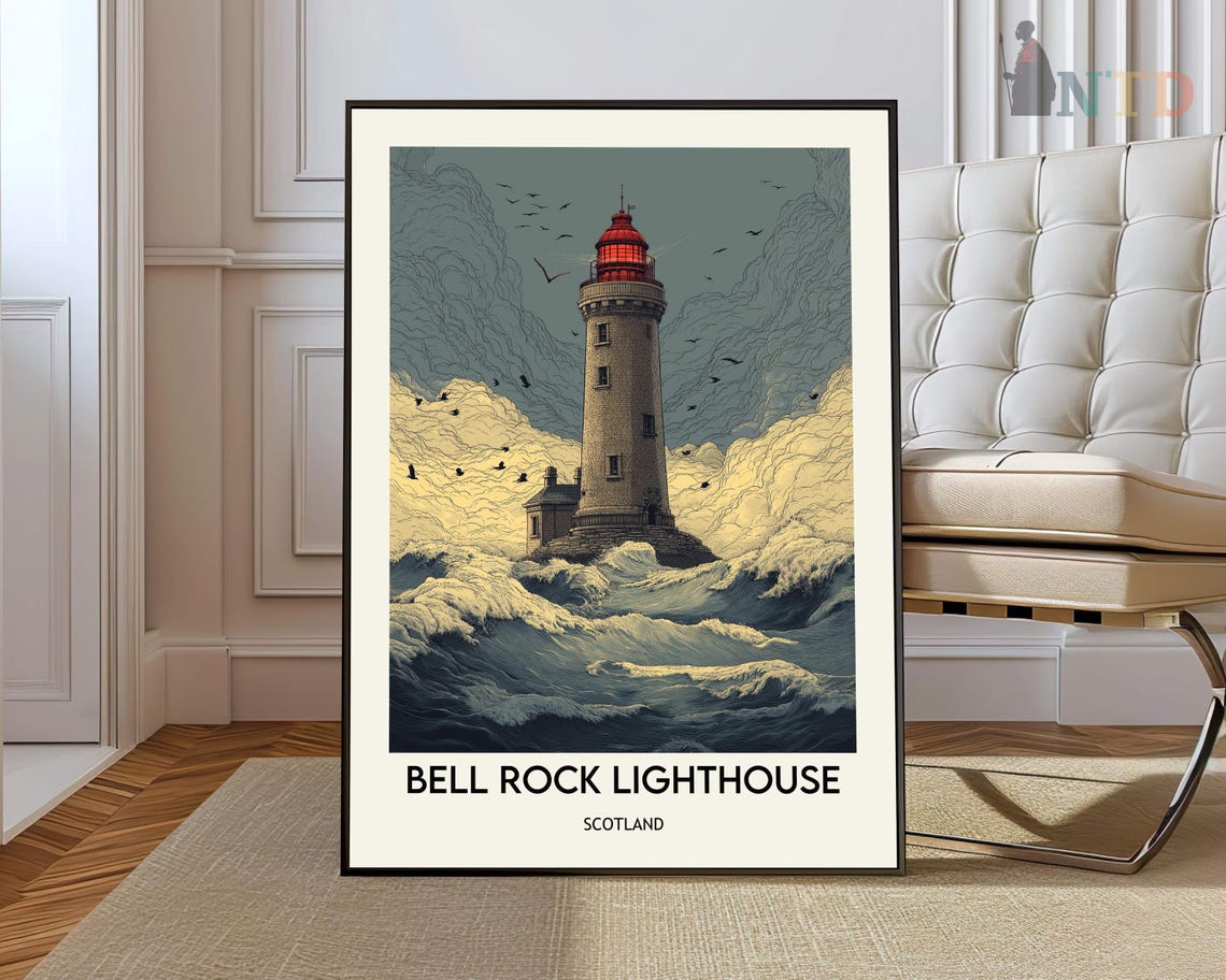 Bell Rock Lighthouse Scotland Stormy Seas Vintage Illustration Poster