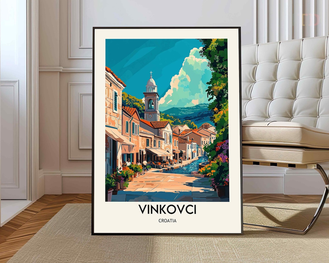 Vinkovci Croatia Old Town Street Church Bell Tower Travel Poster