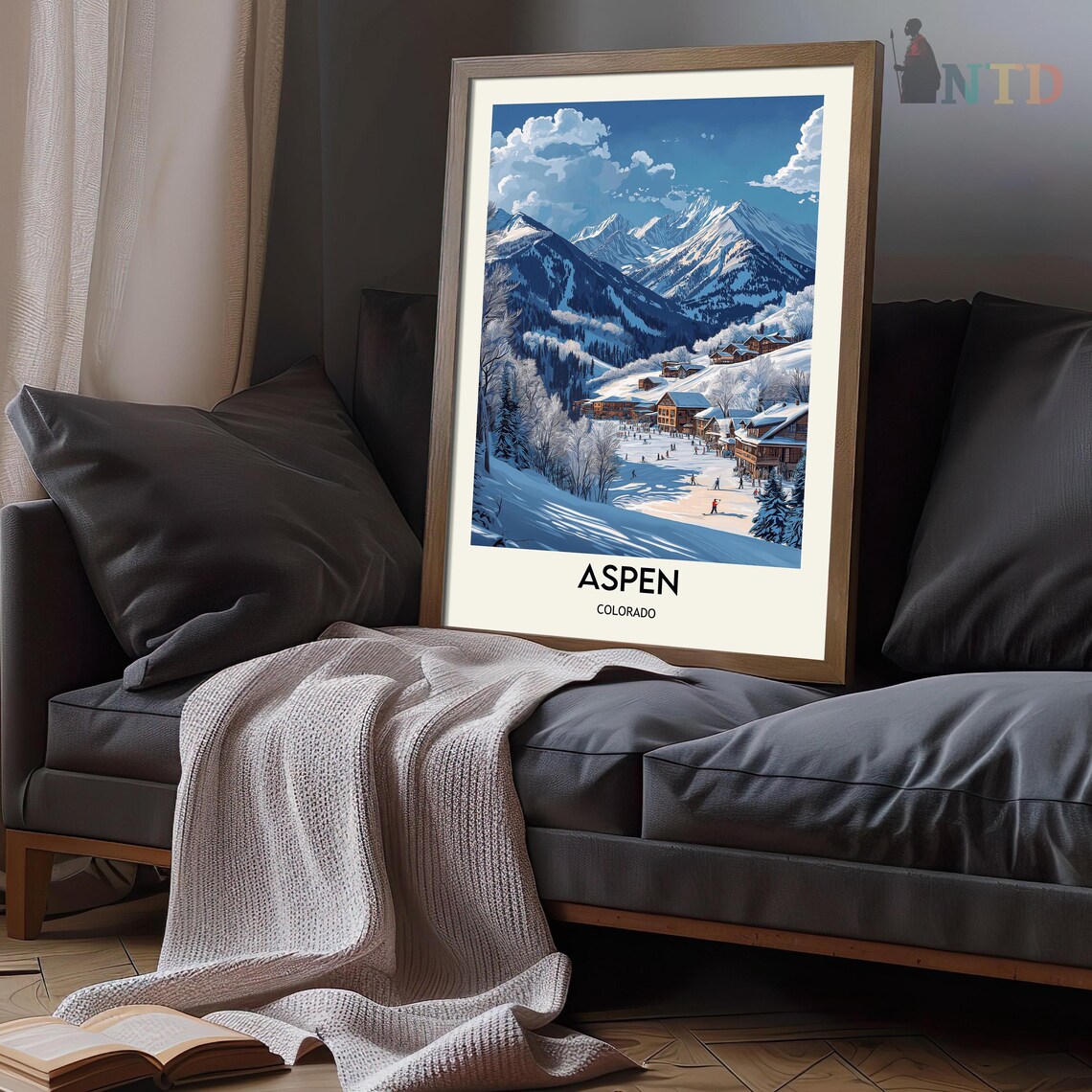 Snowy Village and Ski Slopes Aspen Colorado Winter Travel Poster - Image 3