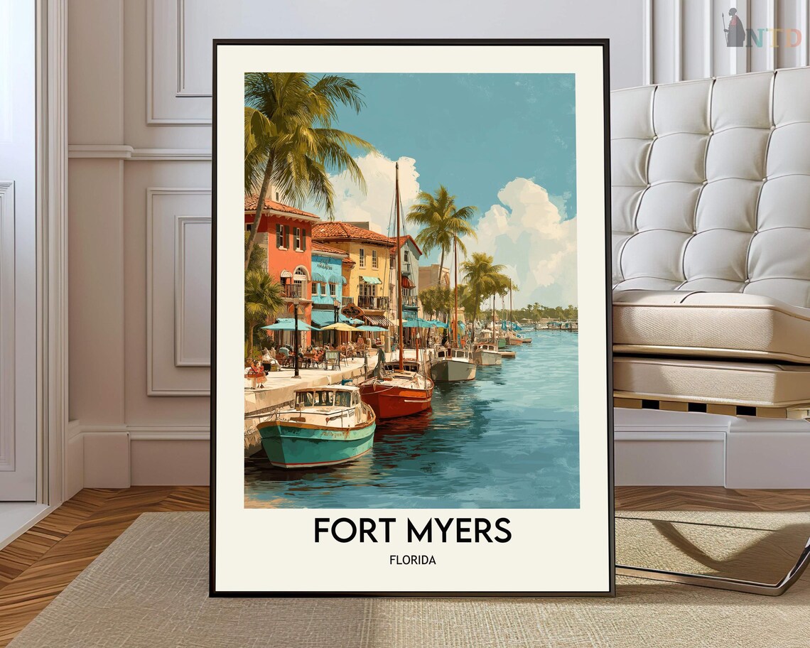 Fort Myers Florida Docked Fishing Boats Vintage Travel Poster