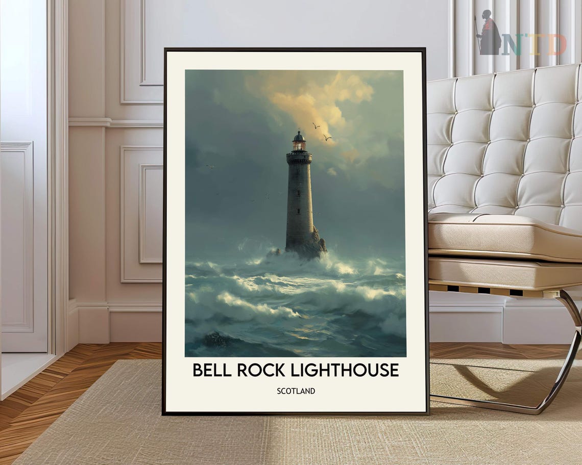 Bell Rock Lighthouse Scotland Golden Waves Painterly Ocean Poster