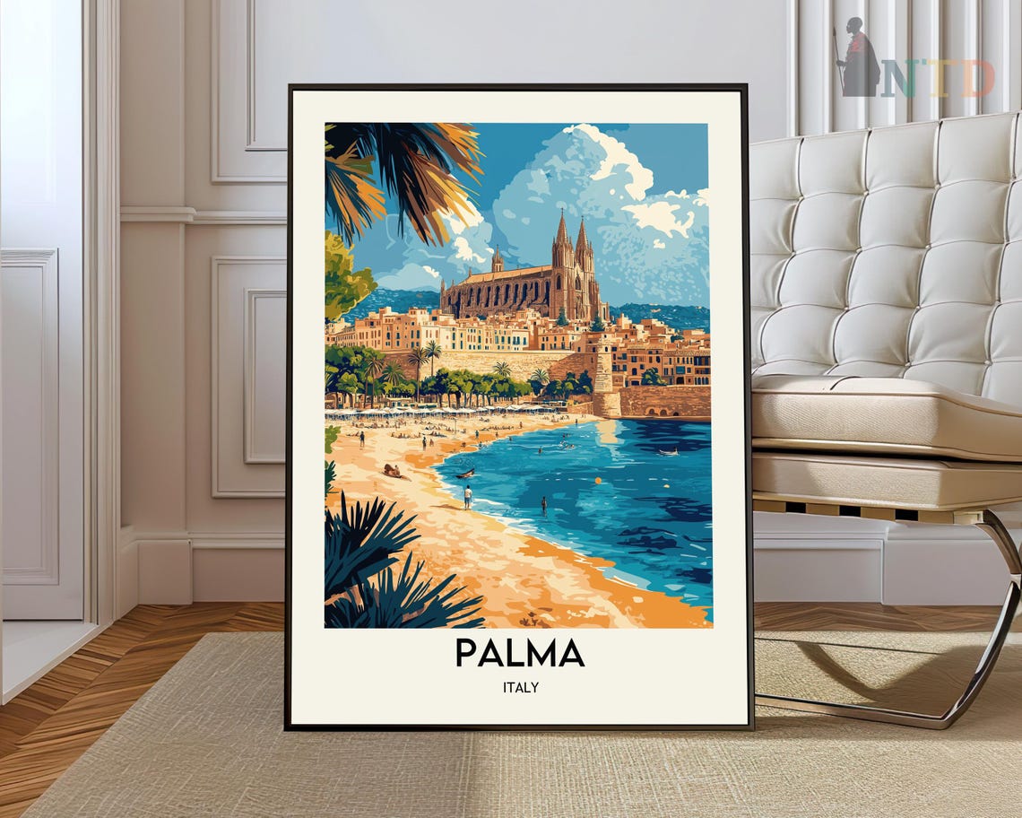 Palma Italy Sandy Beach With Historic Cathedral Travel Poster