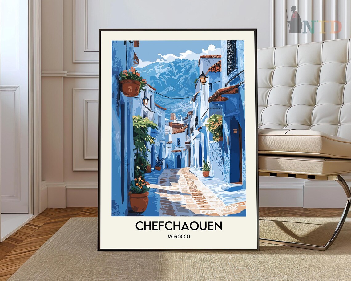 Chefchaouen Blue Painted Alley Morocco Mountain Travel Poster