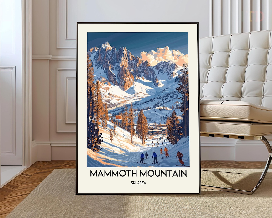 Mammoth Mountain Ski Area Snowy Peaks and Skiers Vintage Poster