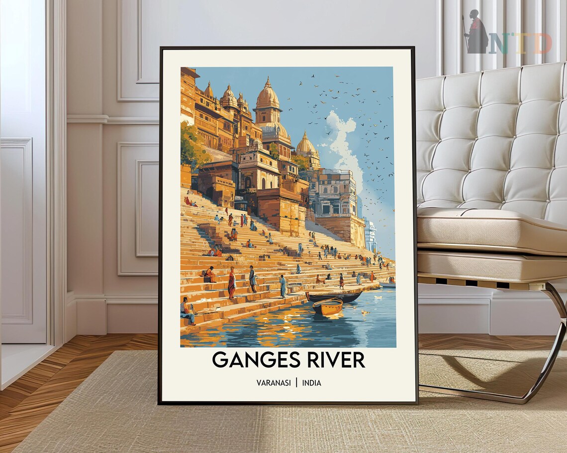 Ganges River Varanasi Temple Steps Boats Travel Poster India Art