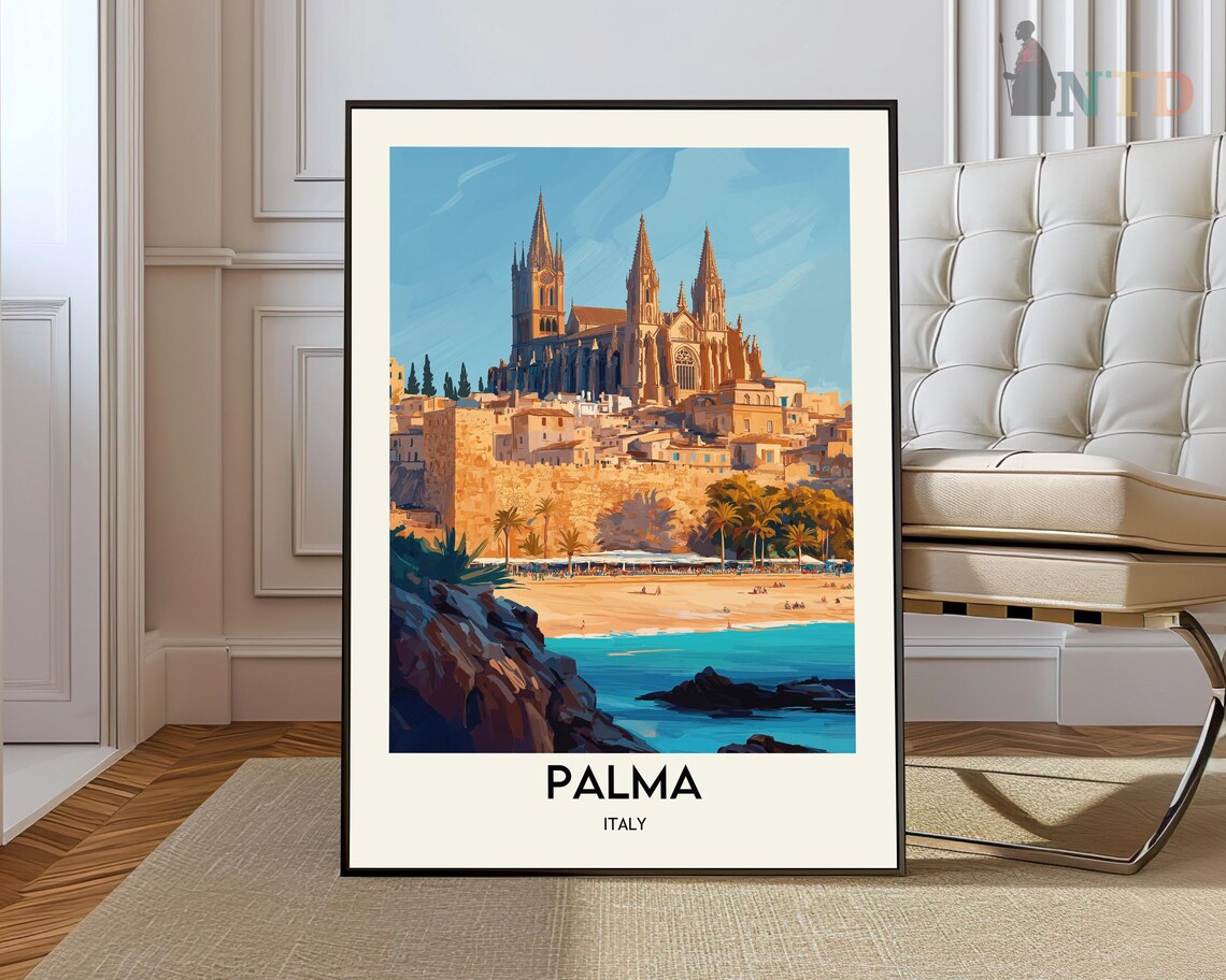 Palma Italy Cathedral Over Beach Town Rocky Shore Travel Poster