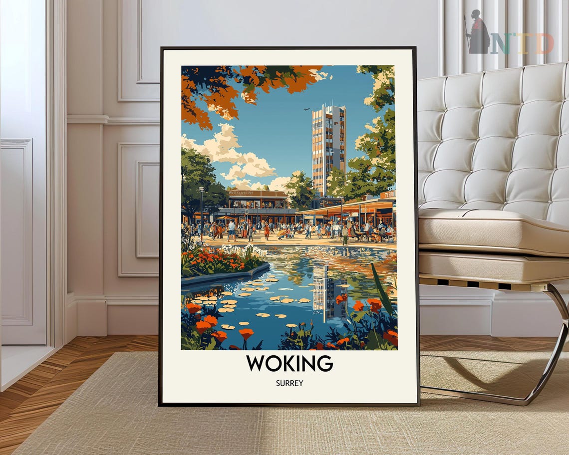 Woking Surrey Reflecting Pool Tower Town Square Autumn Travel Poster