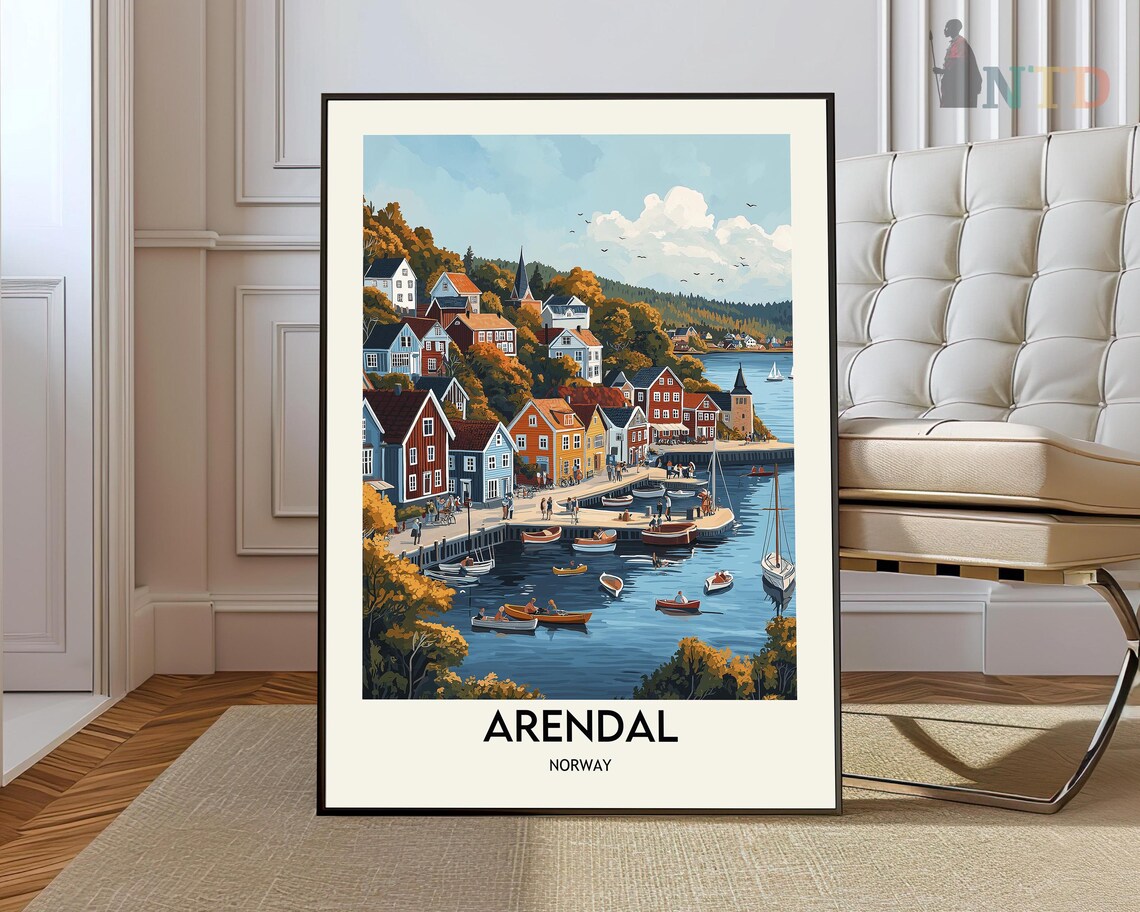 Arendal Norway Coastal Harbor Town Travel Poster Illustration
