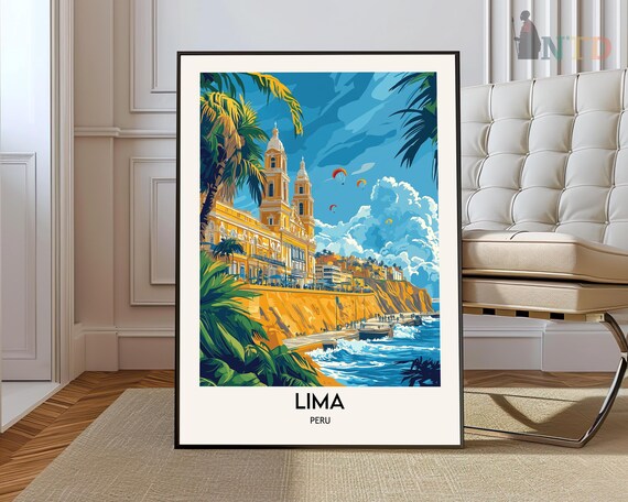 Lima Peru Ocean Cliff Church Paragliders Coastal City Travel Poster