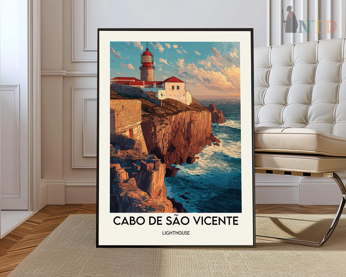 Cabo De Sao Vicente Lighthouse Sunset Cliffs Portugal Travel Poster