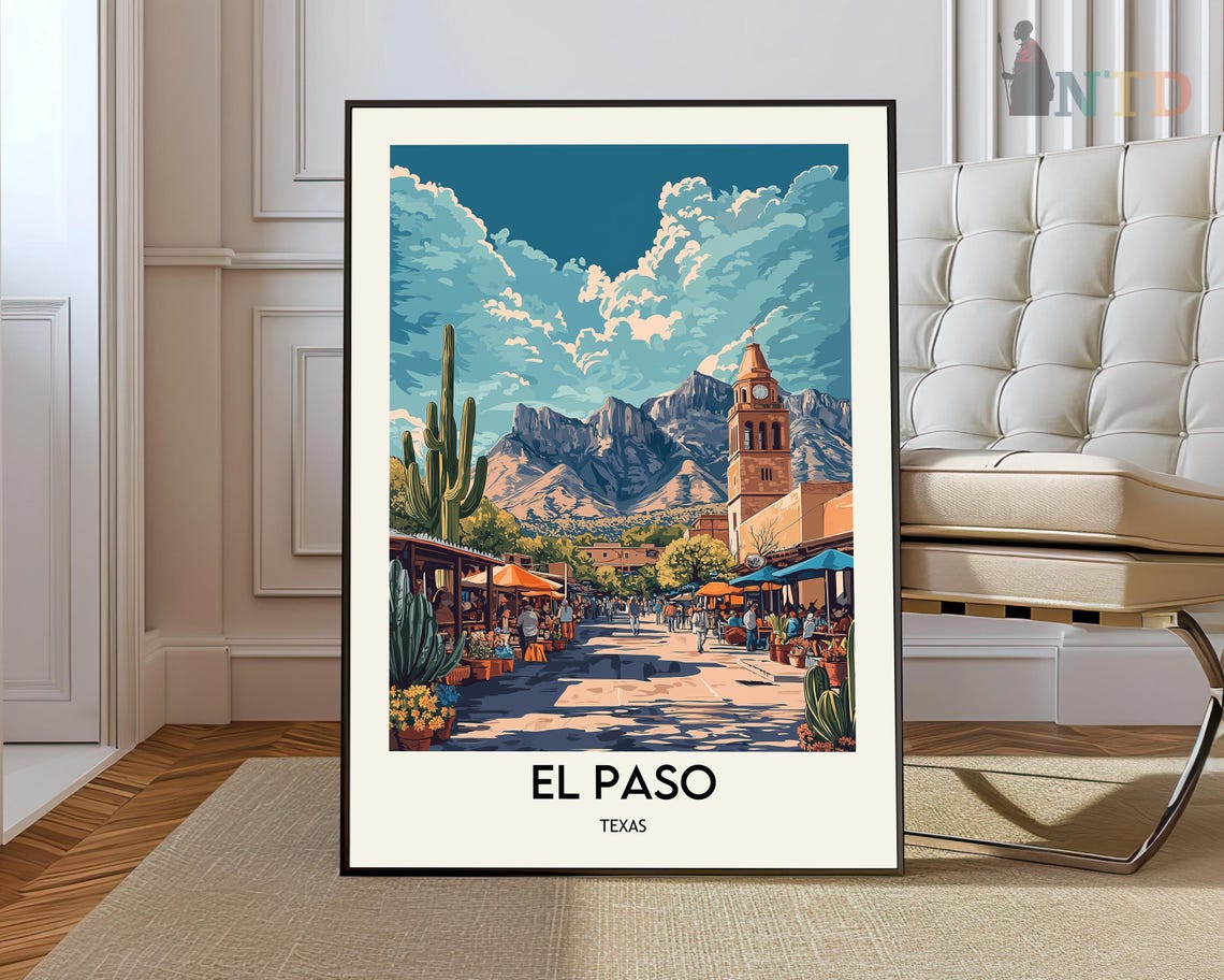 El Paso Texas Desert Market Cactus Mountain Vintage Travel Poster