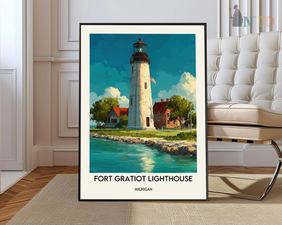 Fort Gratiot Lighthouse Michigan Over Water Vintage Maritime Poster