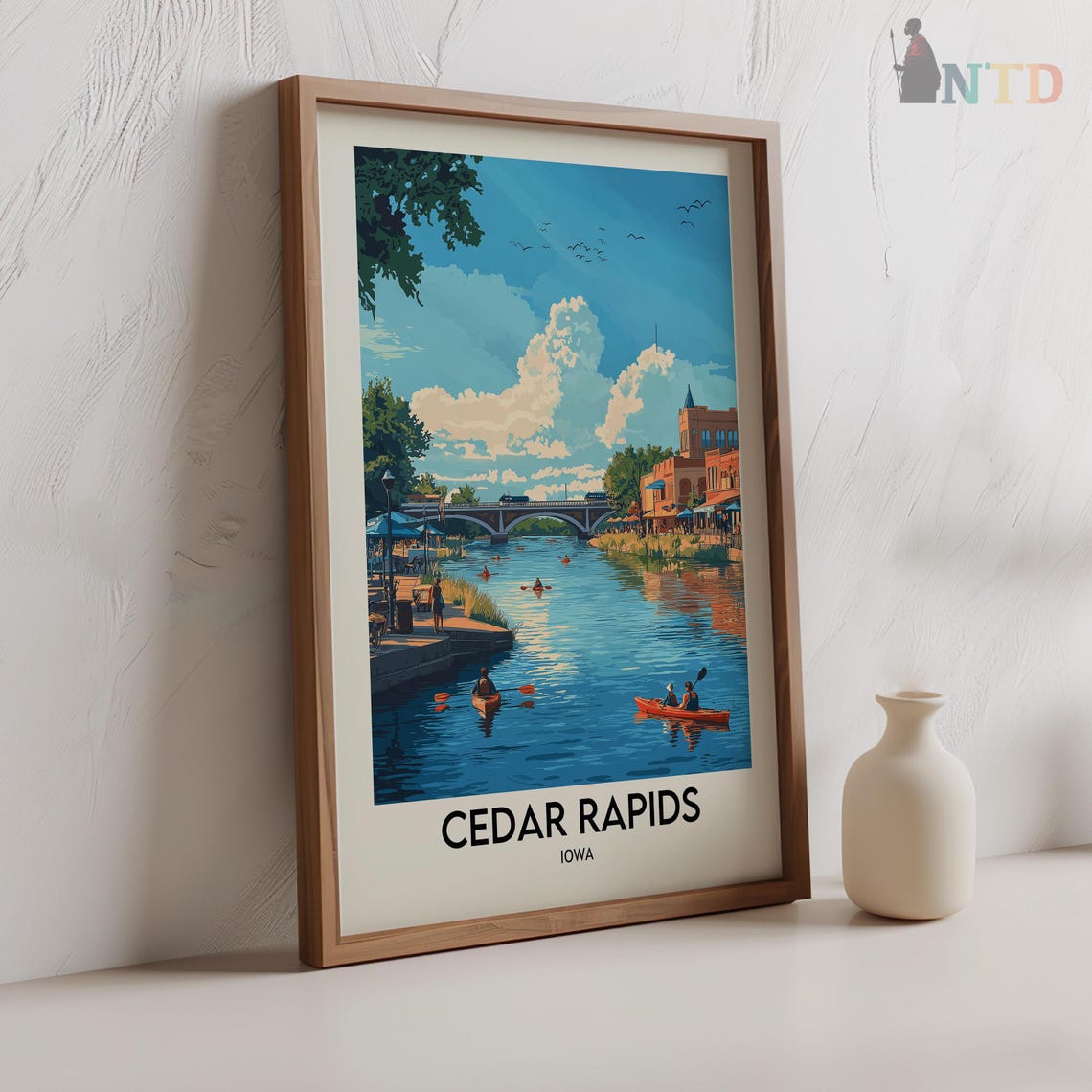 Cedar Rapids Iowa River Kayakers City Bridge Summer Travel Poster - Image 2