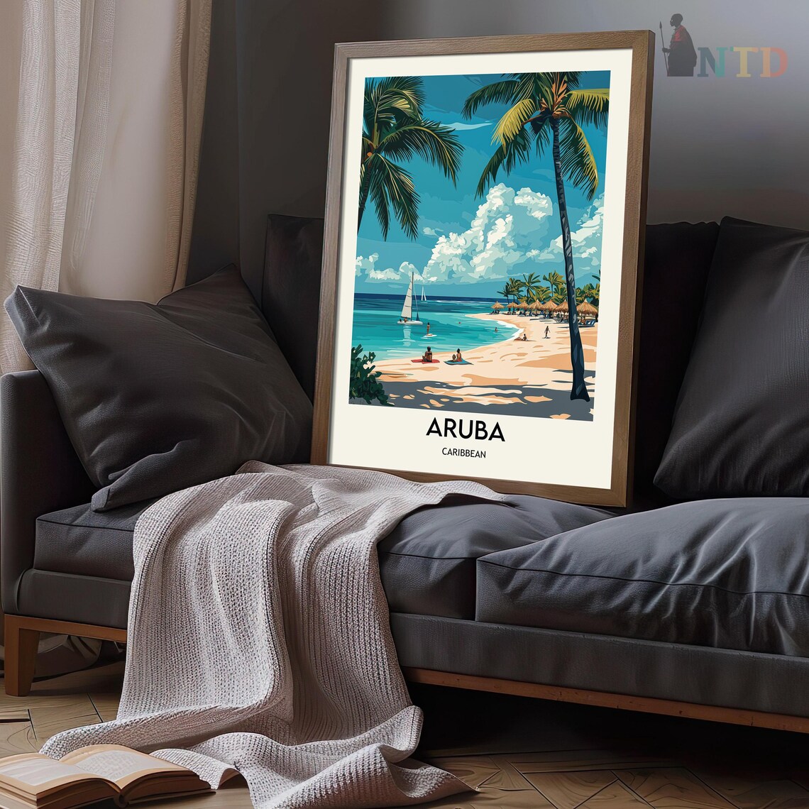 Aruba Caribbean Palm Beach Sailboats Palapas Turquoise Sea Poster - Image 3