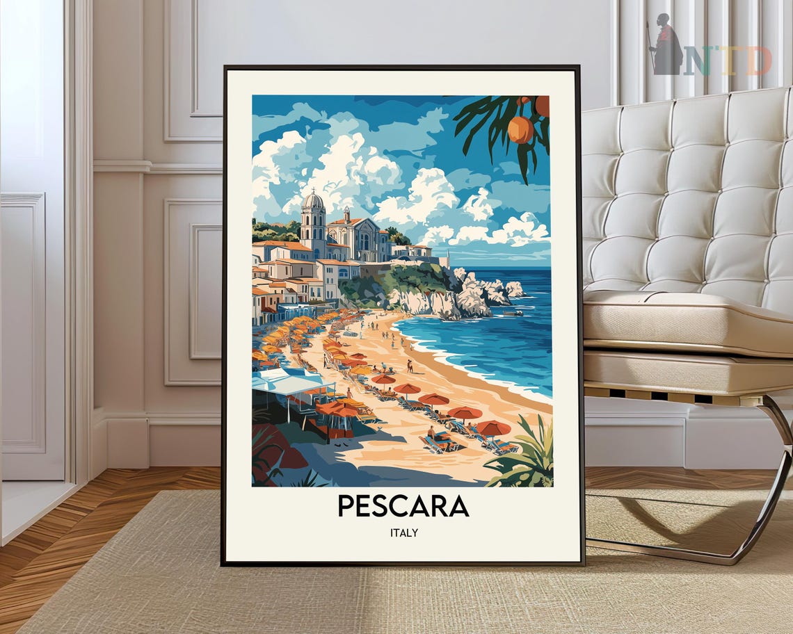 Pescara Italy Adriatic Beach Town Orange Umbrellas Travel Poster