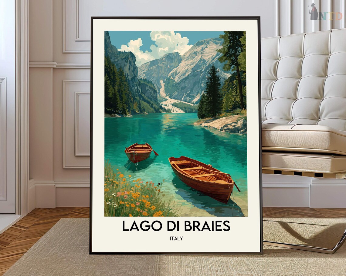 Lago di Braies Turquoise Lake Boats Dolomites Italy Travel Poster