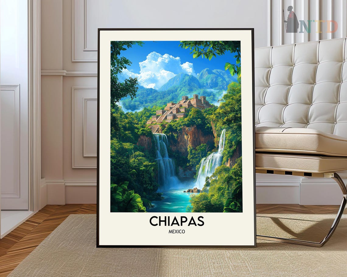 Chiapas Mexico Jungle Waterfalls Ancient Ruins Travel Poster
