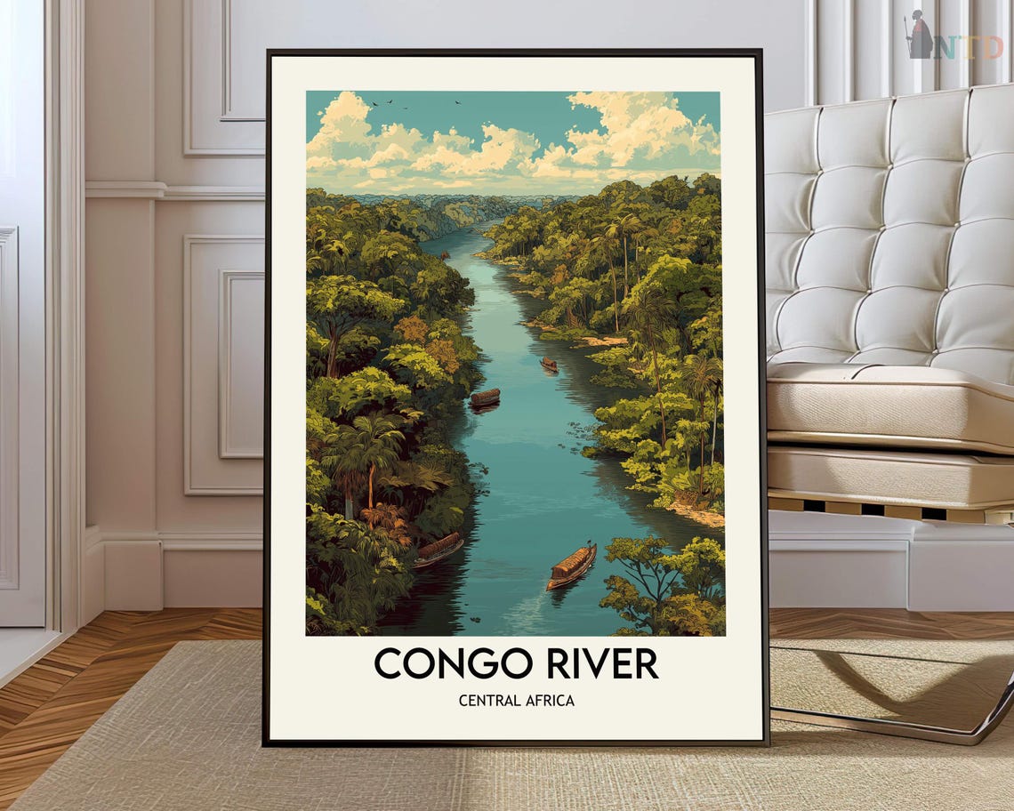 Congo River Central Africa Travel Poster Lush Jungle Waterway Art